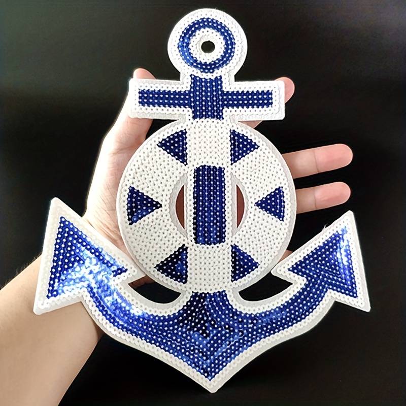 Embroidered Applique White Blue Sequins Anchor Iron On - Temu